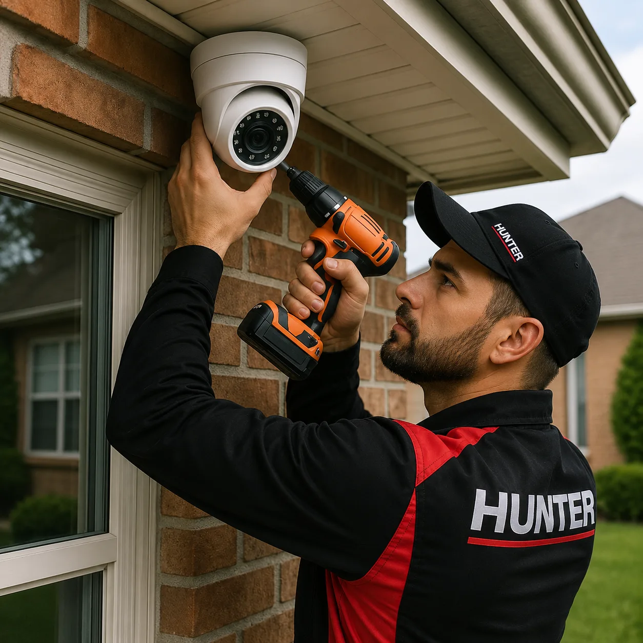 Técnico Hunter instalando câmera dome em residência