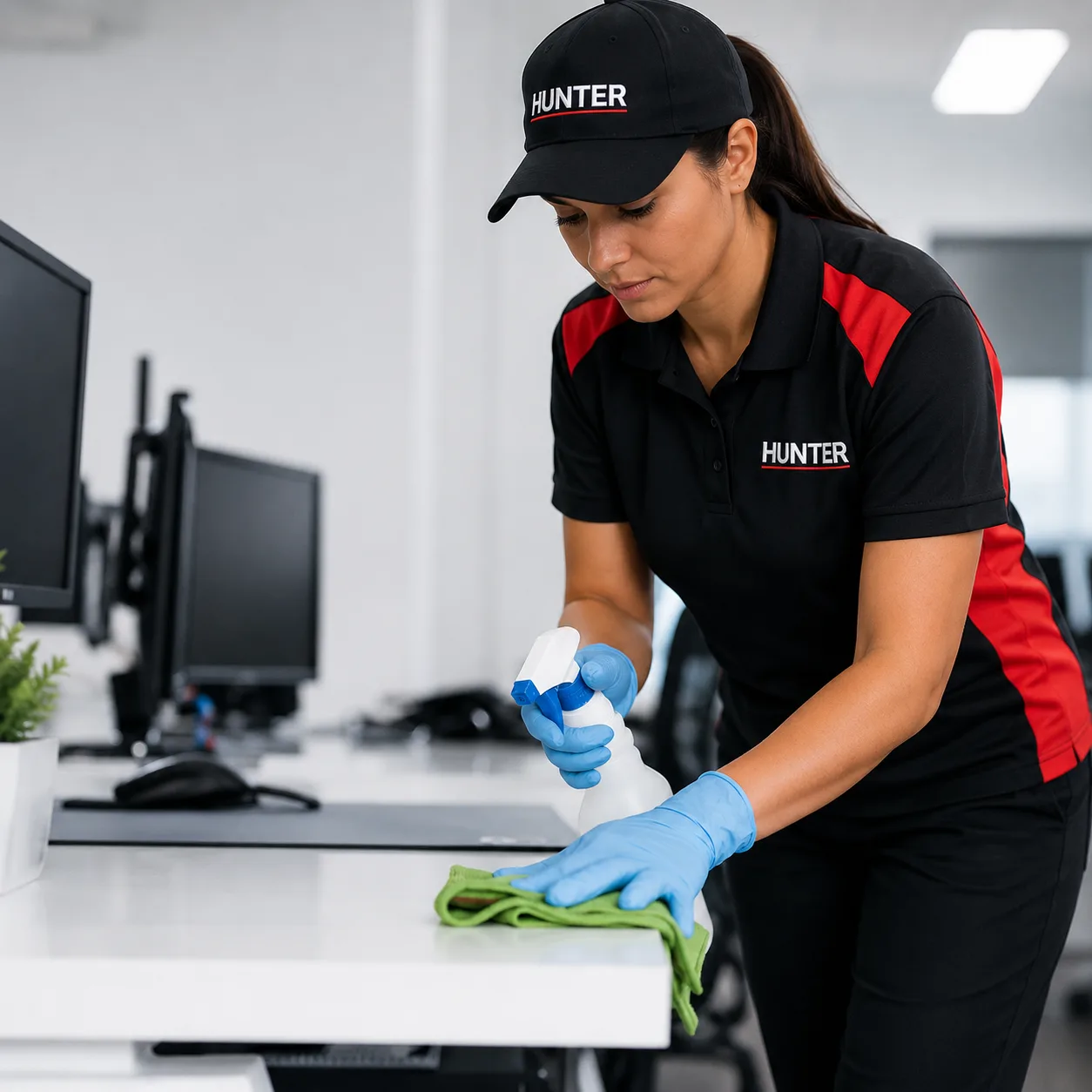 Técnica Hunter Conservação limpando escritório